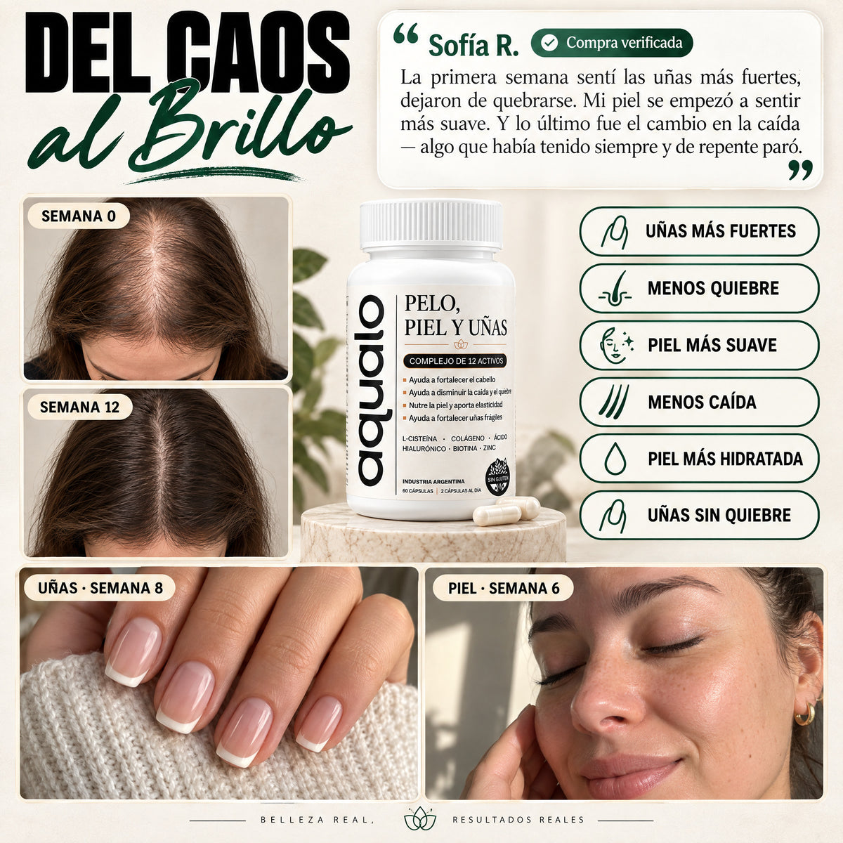 AQUALO® Cápsulas Pelo, Piel y Uñas — Fuerza y Crecimiento (60 Días)